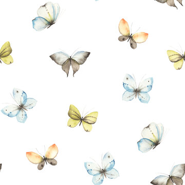 Pattern with flying butterflies, seamless watercolor print blue, brown, green and orange colors.