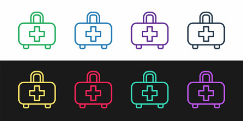 Set line First aid kit icon isolated on black and white background. Medical box with cross. Medical equipment for emergency. Healthcare concept. Vector