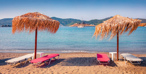 Summer paradise. Bright morning seascape of Mediterranean sea. Wonderful outdoor scene of Aliki...