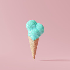 Blue ice cream cone on pastel pink background. 3d rendering