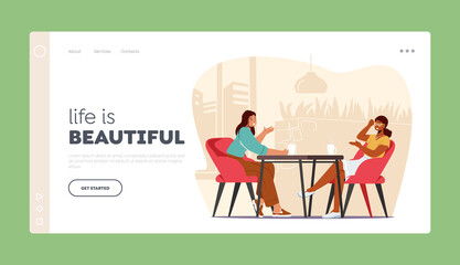 Girlfriends Meeting Landing Page Template. Young Pretty Girls Sitting in Cafe Chatting, Telling Gossip and News