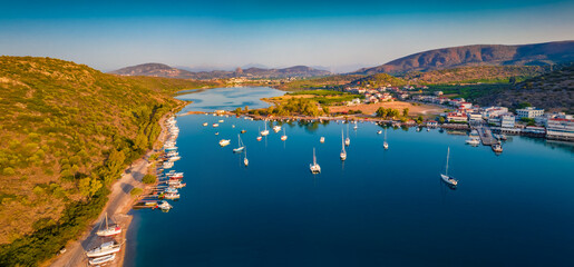 Panoramic summer view of Vivari port. Splendid outdoor scene of Peloponnese peninsula, Greece,...