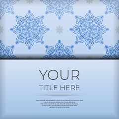 Square Postcard template in blue color with luxurious black patterns. Print-ready invitation design with vintage ornaments.