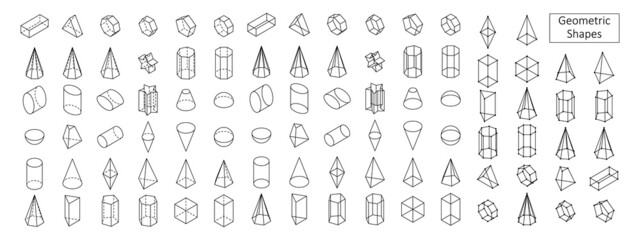 Set of 3d basic geometric shapes. Isometric view. Linear objects for school, science, geometry and math. Isolated vector illustration on white background.
