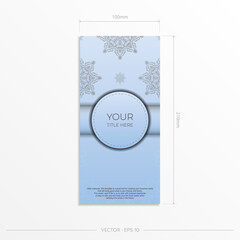 Rectangular Blue color postcard template with luxurious black ornaments. Print-ready invitation design with vintage patterns.