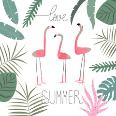 Obraz premium Summer tropical print with pink flamingos. Cute Exotic Flamingo character. Love summer