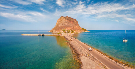 Amazing morning view of Monemvasia island. Wonderful summer scene of Peloponnese peninsula, Greece,...