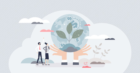 Fair trade with sustainable environment attitude as ethical business tiny person concept. Eco friendly and honest salary for work or resources exploitation vector illustration. Global earth awareness.