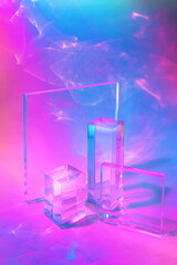 Abstract surreal scene - empty stage with two clear glass rectangle prism podiums on pastel neon...