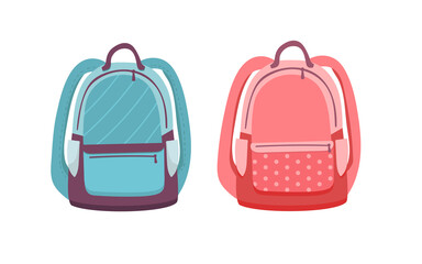 School Backpack. Empty Template Mockup Set of rucksack. Vector illustration. backpack blue for boys and pink for girls