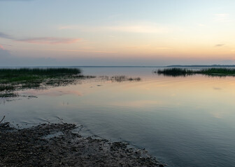 summer landscape on the shore of the lake at dawn, colors in the sky before sunrise, Lake Burtnieki, Latvia