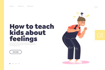 Obraz premium Teach kid about feelings concept of landing page with angry furious little boy crying and frowning