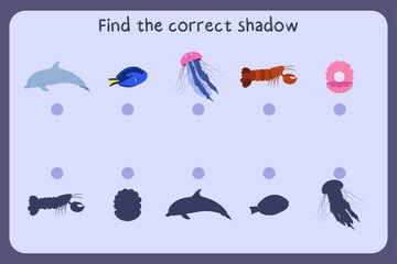 Matching children educational game with sea animals - dolphin, surgeonfish, jelly fish, omar, shal with pearl. Find the correct shadow. Vector illustration.