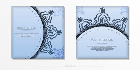 Square vector postcards in blue color with luxurious black ornaments. Invitation card design with vintage patterns.