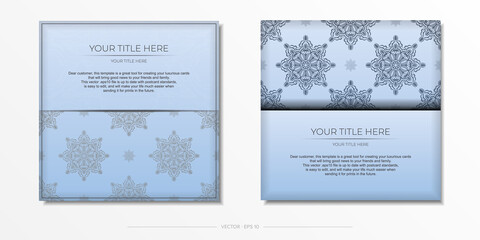 Square Vector Blue color postcard template with luxurious black patterns. Print-ready invitation design with vintage ornaments.