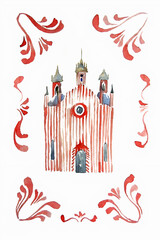 Fototapeta na wymiar Watercolor illustration of a church in St. Petersburg red color