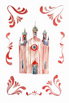 Watercolor illustration of a church in St. Petersburg red color