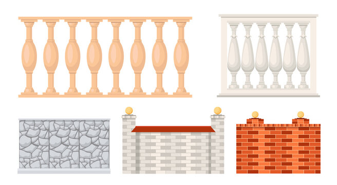 Set of Icons Stone and Marble Fences, Balustrade Sections Made of Brick. Balcony Panels, Stairway or Terrace Fencing