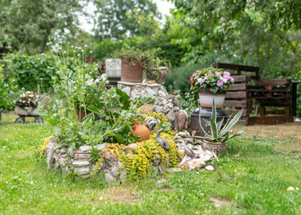 the garden in summer, various plants and flowers, the concept of gardening as a hobby, garden decoration in the background