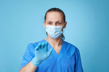 man doctor in uniform touching virtual screen