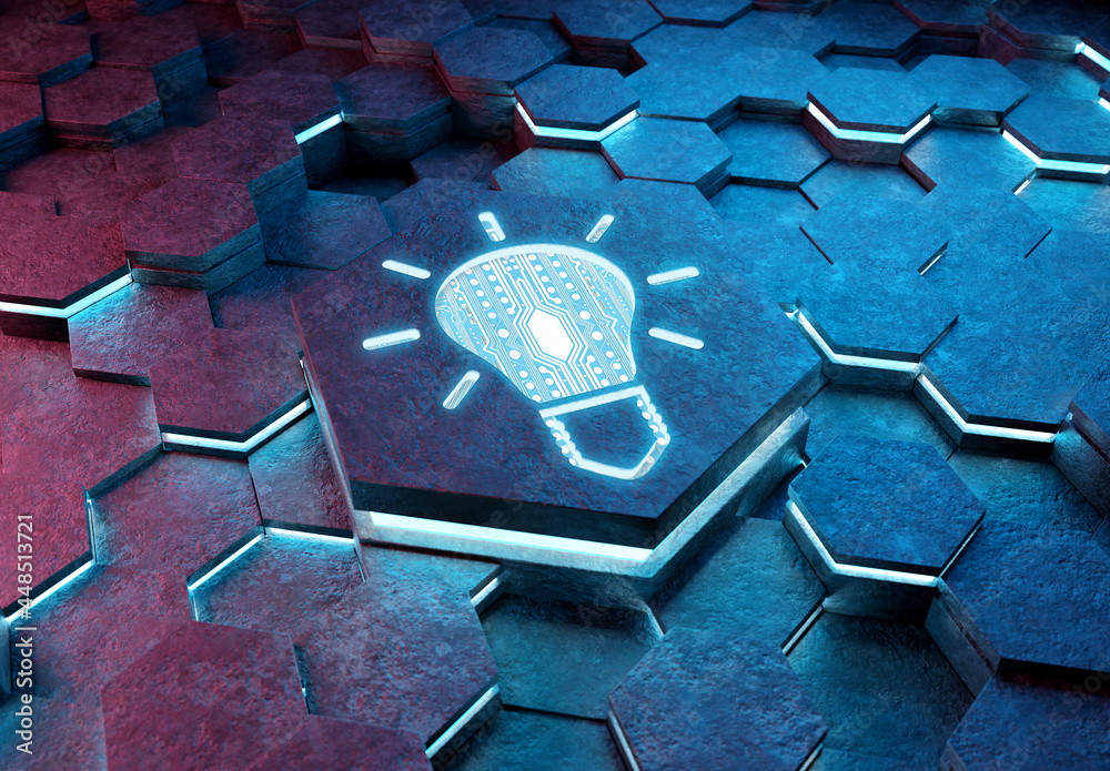 Aufkleber Lightbulb icon creativity concept engraved on metal hexagonal pedestral background. Innovation symbol glowing on abstract digital surface. 3d rendering