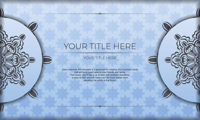 Blue vector banner with luxury black ornaments and place under text. Template for print design invitation card with vintage ornament.