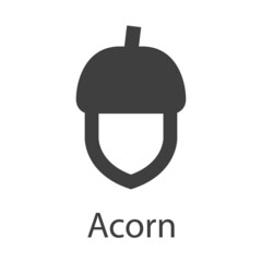 Icono plano texto Acorn con silueta de bellota de roble en color gris