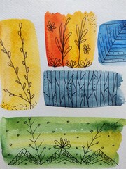 set of four seasons abstract watercolor illustration painting with leaves and plants