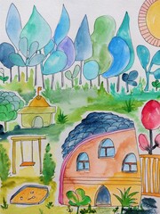 watercolour illustration house in the garden with trees, flowers and sun