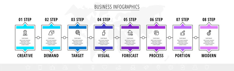 Business vector infographics with 8 rectangles and icons. Timeline visualization with eight steps and squares for diagram, flowchart, banner, presentations, web, content, levels, chart, graphic