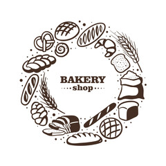 Bakery shop illustration with different bread and roll. Vector hand-drawn illustration, isolated on white background, logo or banner template