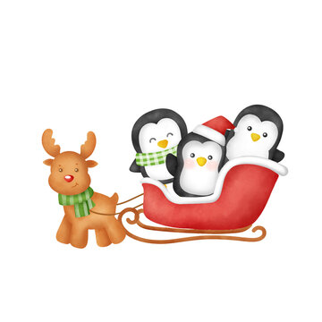 Watercolor Christmas  cute penguins .