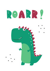 Roar slogan graphic with funny dinosaur cartoons.