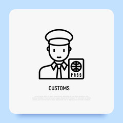 Customs thin line icon, officer checking passport. Modern vector illustration.