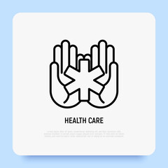 Healthcare, medical support thin line icon. Star of life in hands. Vector illustration.