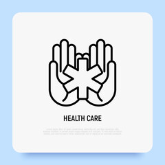 Healthcare, medical support thin line icon. Star of life in hands. Vector illustration.