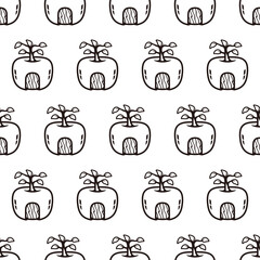 Simple seamless pattern of apple house line art cartoon style illustration background template vector