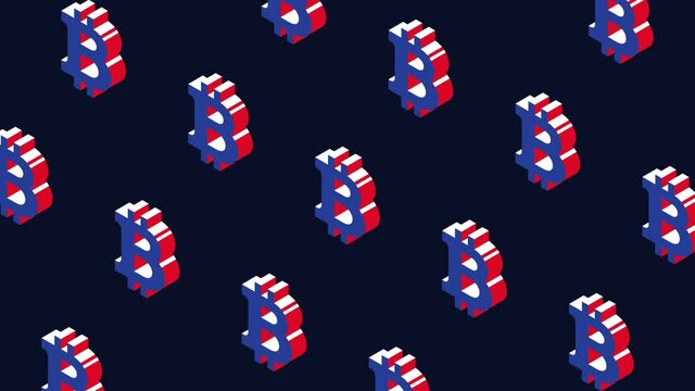 Animated pattern with isometric symbols of cryptocurrency Bitcoin. Simple seamless loop modern motion graphics background