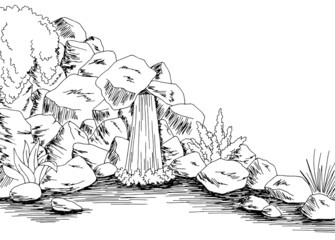 Source spring waterfall graphic black white river landscape sketch illustration vector 