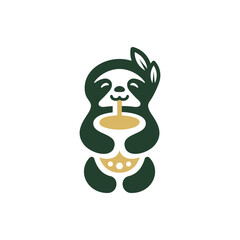 Fun cute sloth drinking colored cartoon symbol logo style line art illustration design vector