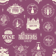 Seamless pattern on the theme of wine and liquor stores. Monochrome vector background with wine labels, logos, signs, emblems on a burgundy backdrop in retro style. Wallpaper, wrapping paper, fabric