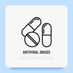 Antiviral drugs thin line icon, capsules and pill. Modern vector illustration of medical treatment.