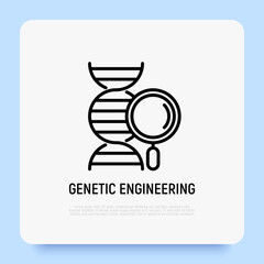 Genetic engineering thin line icon, DNA with magnifying glass. Modern vector illustration.