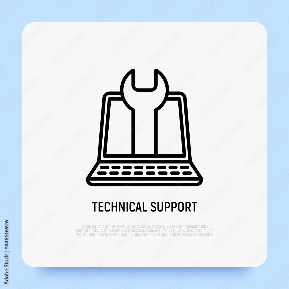Wall mural technical support: open laptop with wrench thin line icon. it support. modern vector illustration.