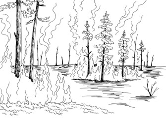 Wildfire graphic black white forest fire landscape sketch illustration vector 