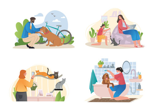Scenes of owners with their different pets including a dog in a park, dog being bathed, kitten playing with string and favorite cats, set of flat cartoon colored vector illustrations isolated on white