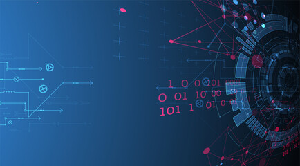 Abstract background with plexus effect. Scientific and technological concept with the use of technical elements formed in the shape of a circle.