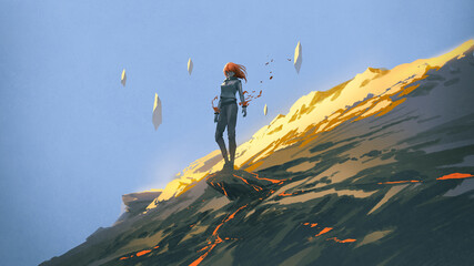 Fototapeta premium The mysterious woman standing at the rock of the hillside, digital art style, illustration painting