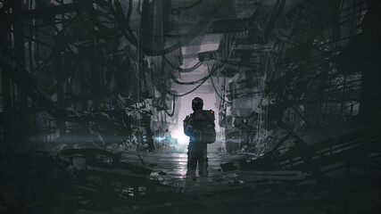A man walking through a dark, waterlogged path in an abandoned building, digital art style, illustration painting © grandfailure