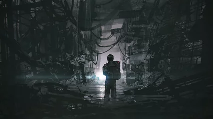 Rolgordijnen Een man die door een donker, drassig pad loopt in een verlaten gebouw, digitale kunststijl, illustratie, schilderkunst © grandfailure